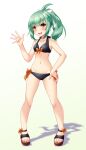  1girl bikini black_bikini breasts brown_eyes collarbone full_body green_hair highres hinagiku-19 kantai_collection navel official_alternate_costume ponytail sandals small_breasts solo standing swimsuit yuubari_(kancolle) 