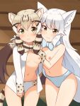  2girls absurdres animal_ear_fluff animal_ears arctic_fox_(kemono_friends) bangs blonde_hair blush bow bowtie breasts brown_eyes brown_hair cat_ears cat_girl cat_tail collarbone commentary cowboy_shot extra_ears fox_ears fox_girl fox_tail geoffroy&#039;s_cat_(kemono_friends) hair_between_eyes highres kemono_friends light_brown_eyes long_hair long_sleeves looking_at_viewer low_twintails multicolored_hair multiple_girls navel nipples no_bra open_clothes open_shirt panties shiraha_maru shirt_tug small_breasts smile split_mouth striped_tail tail thigh_gap topless twintails underwear underwear_only very_long_hair white_bow white_bowtie white_hair white_panties 
