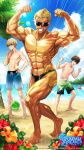  3boys abs absurdres aizen_touma artist_request beach biceps black_swimsuit blonde_hair blue_swim_trunks brown_hair bulge copyright copyright_name emphasis_lines feet flexing flower fudou_ryuusei glasses green_male_swimwear grin gundam gundam_breaker_mobile haro hibiscus highres hip_bones lens_flare male_focus male_swimwear multiple_boys muscular muscular_male navel ocean official_art ono_masayoshi palm_tree pectorals pose purple_eyes sanakapool shiny shiny_skin shiny_swimsuit smile sparkle star_(symbol) summer sun sunglasses sweat swim_briefs swim_trunks swimsuit tan toes tree 