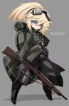  1girl blonde_hair blue_eyes closed_mouth gloves goggles goggles_on_head gun hair_between_eyes karukan_(monjya) looking_at_viewer medium_hair military military_uniform simple_background solo tanya_degurechaff uniform weapon youjo_senki 