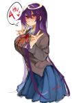  1girl absurdres anniversary bangs blue_sky commentary cropped_legs doki_doki_literature_club double_v english_commentary grey_jacket grin hair_between_eyes hair_ornament hairclip heart highres jacket long_hair long_sleeves looking_at_viewer neck_ribbon otxoa60 pleated_skirt purple_eyes purple_hair red_neckwear red_ribbon ribbon simple_background sketch skirt sky smile solo speech_bubble spoken_heart v very_long_hair white_background yuri_(doki_doki_literature_club) 