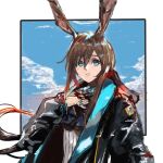  1girl amiya_(arknights) animal_ears arknights black_coat blue_background blue_eyes border brown_hair closed_mouth coat commentary hair_between_eyes hand_on_own_chest jewelry kdm_(ke_dama) long_sleeves looking_at_viewer multiple_rings open_clothes open_coat rabbit_ears ring solo white_border 