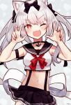  1girl ;3 ;d absurdres akutaa anchor_symbol animal_ears armpits azur_lane bangs black_skirt bow cat_ears choker claw_pose collarbone commentary_request eyebrows_visible_through_hair hair_between_eyes hair_bow hair_ribbon highres long_hair looking_at_viewer midriff navel one_eye_closed open_mouth orange_eyes pleated_skirt ribbon school_uniform serafuku shirt short_sleeves sidelocks simple_background skirt sleeveless sleeveless_shirt smile solo suspenders twintails white_background white_hair yukikaze_(azur_lane) 