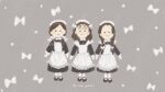  3girls amreo29 apron black_footwear bow braid brown_hair grey_background hair_bow kimetsu_no_yaiba maid maid_apron maid_headdress multiple_girls nakahara_sumi smile standing takada_naho terauchi_kiyo twintails 