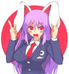  1girl animal_ears bangs blush_stickers breasts collared_shirt commentary covered_nipples english_commentary extra_ears eyebrows_visible_through_hair hair_between_eyes hands_up inkerton-kun large_breasts long_hair long_sleeves looking_at_viewer necktie open_mouth pointing pointing_up purple_hair rabbit_ears red_eyes red_necktie reisen_udongein_inaba shirt sidelocks simple_background solo suit_jacket touhou upper_body w_arms wavy_mouth white_shirt 