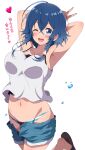  1girl :d absurdres armpits arms_up bangs blue_eyes blue_hair bow bow_panties braid breasts collarbone commentary_request crossed_bangs denim denim_shorts eggman_(pixiv28975023) eyebrows_visible_through_hair flip-flops hair_between_eyes heart highres looking_at_viewer medium_breasts medium_hair misakino_kukuru navel one_eye_closed open_fly open_mouth panties sandals shiroi_suna_no_aquatope shorts simple_background smile solo standing standing_on_one_leg striped striped_panties tank_top unbuttoned underwear upper_body v water_drop white_background white_tank_top 