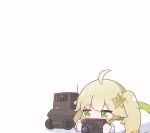  1girl ahoge arknights blonde_hair blush camera chibi commentary_request eyebrows_visible_through_hair green_eyes hair_ornament holding holding_camera jacket kurotofu lens_(arknights) lying on_stomach robot scene_(arknights) short_hair simple_background thick_eyebrows white_background white_jacket 