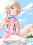  1girl bare_arms bare_legs bare_shoulders blonde_hair blue_eyes blue_neckwear blue_ribbon blue_sky blush breasts cloud covered_navel day feet_out_of_frame goldowl highres knee_up medium_breasts miniskirt neck_ribbon open_mouth outdoors pink_skirt pink_vest pokemon pokemon_(anime) pokemon_xy_(anime) ribbon see-through serena_(pokemon) shallow_water short_hair sitting skirt sky sleeveless solo sunlight vest water wet wet_clothes wet_skirt 