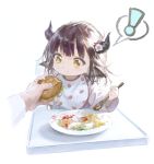  ! 1girl :i animal_ears arknights baby bangs bib brown_hair burger cow_ears cow_girl cow_horns flower food food_on_face high_chair highres holding holding_food holding_spoon horns mrtpkids plate short_hair sideroca_(arknights) simple_background solo_focus spoken_exclamation_mark spoon white_background white_flower yellow_eyes younger 