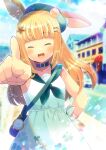  1girl :d ^_^ animal_ear_fluff bag bangs beret blonde_hair blunt_bangs blurry blurry_background closed_eyes commentary_request depth_of_field dress ears_through_headwear eyebrows_visible_through_hair facing_viewer green_headwear green_neckerchief green_sailor_collar hair_ornament hat kou_hiyoyo long_hair neckerchief open_mouth original outstretched_arm pocket_watch pointing pointing_at_viewer sailor_collar shoulder_bag sleeveless sleeveless_dress smile solo star_(symbol) star_hair_ornament very_long_hair watch white_dress 