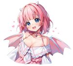  1girl bangs bat_wings blue_eyes blunt_bangs breasts choker chyoling cleavage eyebrows_visible_through_hair frilled_shirt_collar frills horns indie_virtual_youtuber kanola_u_(vtuber) large_breasts looking_at_viewer necktie open_mouth pink_hair short_hair solo upper_body virtual_youtuber white_background wings 
