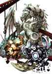  ancient_gear_gadjiltron_dragon arm_up blueprint bolt chain chinchira dragon duel_monster gears glowing glowing_eyes gold_gadget highres holding hook no_humans nut_(hardware) red_eyes robot screw silver_gadget yu-gi-oh! 