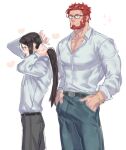  2boys alternate_costume bara beard black-framed_eyewear blush facial_hair fate/zero fate_(series) formal glasses green_pants grey_pants heart iskandar_(fate) jeje_(pixiv12541114) large_pectorals long_hair lord_el-melloi_ii male_focus mature_male multiple_boys muscular muscular_male pants partially_unbuttoned pectoral_cleavage pectorals red_eyes red_hair shirt short_hair sparkle tied_hair unfinished waver_velvet white_shirt 