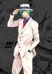  1boy black_cat_(series) black_shirt commentary_request eyepatch formal green_hair happy hat looking_at_viewer necktie official_art paneled_background red_necktie shirt short_hair smile solo standing suit sven_vollfied yabuki_kentarou 