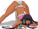  1girl absurdres ass bangs bare_shoulders black_hair bracelet breasts brown_eyes chel_(the_road_to_el_dorado) closed_mouth dark-skinned_female dark_skin earrings eyebrows_visible_through_hair feet_out_of_frame highres instagram_logo jack-o&#039;_challenge jewelry long_hair looking_at_viewer mandytsune smile solo strapless the_road_to_el_dorado thick_thighs thighs twitter_logo twitter_username wide_hips 