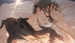  2boys ace_of_diamond black_shirt blush brown_eyes brown_hair closed_mouth glasses highres holding holding_another&#039;s_arm looking_at_another lying male_focus miyuki_kazuya multiple_boys on_back on_bed pillow sato_(sato_1_11) sawamura_eijun shirt short_hair sideburns upper_body yaoi 