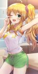  1girl ;d absurdres ahoge arm_up armpit_peek bangs blonde_hair blush breasts cabinet commentary_request cowboy_shot dolphin_shorts eyebrows_visible_through_hair green_eyes green_shorts hair_ornament hair_scrunchie hand_on_own_face highres hoshii_miki idolmaster idolmaster_(classic) indoors kitchen long_hair looking_at_viewer medium_breasts navel notice_lines one_eye_closed open_mouth outstretched_arm scrunchie shirt short_shorts shorts shuucream_(syuichi) side_ponytail sidelocks sleeveless sleeveless_shirt smile solo table tied_shirt white_shirt 