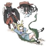  2girls arms_behind_head black_hair blonde_hair blue_shirt bobby_socks boots bound bound_torso brown_footwear bubble_tea_challenge commentary_request cowboy_hat dragon_horns dragon_tail dress eyebrows_visible_through_hair feathered_wings green_skirt hat highres horns horse_tail kicchou_yachie kurokoma_saki long_hair long_sleeves mary_janes multicolored_clothes multiple_girls open_mouth pegasus_wings peroponesosu. plaid plaid_skirt pleated_dress puffy_short_sleeves puffy_sleeves red_eyes rope running scarf shirt shoes short_hair short_sleeves skirt socks sunglasses sweat tail touhou turtle_shell white_background wings 