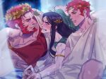  3boys alexandros_(fate) alternate_costume armlet bara beard blush boy_sandwich elbow_rest embarrassed facial_hair fate/zero fate_(series) greek_clothes holding_hands iskandar_(fate) jeje_(pixiv12541114) large_pectorals laurel_crown long_hair long_sideburns looking_to_the_side lord_el-melloi_ii male_focus mature_male multiple_boys muscular muscular_male pectorals red_eyes red_hair sandwiched short_hair sideburns sidepec waver_velvet yaoi younger 