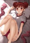  1girl absurdres ass ass_grab bangs bed bed_sheet blunt_bangs blush borumete brown_hair buruma commentary_request double_bun eyebrows_visible_through_hair grabbing_own_ass gym_shirt highres legwear_removed looking_at_viewer lying michii_haruka official_art on_back open_mouth pillow red_buruma red_eyes shirt short_sleeves shuumatsu_no_harem solo sweat thighs white_shirt 