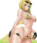  1girl ashiomi_masato bikini bikini_pull black_gloves blonde_hair blue_eyes breasts cleavage clothes_pull eyewear_on_head fingerless_gloves gloves guilty_gear guilty_gear_strive highres large_breasts looking_at_viewer millia_rage solo sunglasses swimsuit thick_thighs thigh_strap thighs yellow_bikini 