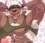  1boy abs animal_ears armpit_hair armpits arms_behind_head bara bare_pectorals blush brown_fur camouflage camouflage_headwear chest_hair clothes_lift come_hither cover cover_page cow_ears cow_horns doujin_cover furry furry_male green_tank_top gumiten highres horns large_pectorals male_focus minotaur muscular muscular_male naughty_face navel nipples pectoral_cleavage pectoral_focus pectorals presenting_armpit purple_eyes purple_horns shennong_(housamo) shirt_lift short_hair sidepec solo stomach sweat tank_top textless tokyo_afterschool_summoners tongue tongue_out upper_body white_hair 