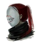  1boy covered_face cropped_shoulders from_side male_focus mask medium_hair noro_(tokyo_ghoul) ponytail red_hair simple_background solo straw_like teeth_print tokyo_ghoul white_background 
