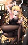  1girl animal_ears armpits arms_up azur_lane black_legwear black_leotard blonde_hair blue_eyes breasts commentary_request couch eyebrows_visible_through_hair fake_animal_ears fake_tail highres large_breasts leotard long_hair looking_at_viewer lying north_carolina_(azur_lane) north_carolina_(the_heart&#039;s_desire)_(azur_lane) official_alternate_costume on_side oyuwari pantyhose playboy_bunny rabbit_ears rabbit_tail smile solo strapless strapless_leotard tail very_long_hair 