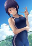  1girl absurdres audio_jack bangs bare_arms bare_shoulders black_hair blunt_bangs boku_no_hero_academia breasts cloud collarbone commentary covered_navel cowboy_shot day fence hand_up highres jirou_kyouka kobaji looking_at_viewer one-piece_swimsuit outdoors shiny shiny_hair short_hair sidelocks sky solo swimsuit tree 