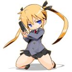  1girl blonde_hair blue_eyes chibi closed_mouth gun hair_ribbon karukan_(monjya) kill_me_baby long_hair looking_at_viewer necktie ribbon school_uniform simple_background skirt solo sonya_(kill_me_baby) twintails weapon white_background 