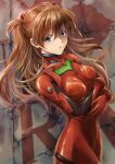  1girl absurdres against_wall arched_back bangs baumku_techen blue_eyes bodysuit breasts brown_hair cowboy_shot floating_hair hair_between_eyes headgear highres long_hair looking_at_viewer neon_genesis_evangelion open_mouth plugsuit red_bodysuit shiny shiny_hair small_breasts solo souryuu_asuka_langley standing very_long_hair 