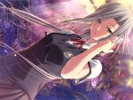  1girl adjusting_hair amagase_tomomi bangs black_vest blurry blurry_foreground collared_shirt dress_shirt dutch_angle eyebrows_visible_through_hair floating_hair game_cg grey_eyes grey_skirt hair_between_eyes hair_intakes long_hair looking_at_viewer m&amp;m neck_ribbon official_art pleated_skirt red_ribbon ribbon saint_estera_gakuin_no_shichinin_no_majo school_uniform shirt short_sleeves silver_hair skirt solo standing twintails very_long_hair vest white_shirt wind wing_collar 