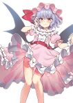 1girl arm_up bangs bat_wings beni_kurage blush breasts buttons center_frills dress eyebrows_visible_through_hair frilled_dress frilled_skirt frills hair_between_eyes hand_in_hair hat highres knees mob_cap pink_dress puffy_short_sleeves puffy_sleeves purple_hair red_eyes red_sash remilia_scarlet ribbon sash short_hair short_sleeves simple_background skirt small_breasts smile solo touhou white_background wings wrist_ribbon 
