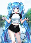  1girl bangs black_shorts black_sleeves blue_eyes blue_hair blush breasts commentary day eyebrows_visible_through_hair floating_hair hatsune_miku highres holding holding_rope jump_rope long_hair looking_at_viewer medium_breasts midriff navel open_mouth outdoors ribbon rope shiny shiny_hair shirt short_shorts short_sleeves shorts solo sportswear standing stomach taru_7252 twintails very_long_hair vocaloid white_ribbon white_shirt 