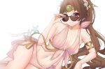  1girl absurdres adjusting_eyewear alternate_costume armlet bikini breasts brown_eyes brown_hair circlet commission fire_emblem fire_emblem:_mystery_of_the_emblem fire_emblem:_shadow_dragon fire_emblem_heroes highres homuntan linde_(fire_emblem) long_hair looking_over_eyewear md5_mismatch nail_polish navel official_alternate_costume pink_bikini pink_swimsuit ponytail resolution_mismatch solo_focus source_smaller starfish_hair_ornament sunglasses swimsuit thighs white_background 