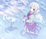  1girl angel_wings barefoot beak beige_jacket bird blush bow bowtie braid breasts commentary_request dress earth_(planet) eyebrows_visible_through_hair french_braid hair_between_eyes heron highres joyfull_(terrace) kishin_sagume long_sleeves looking_at_viewer medium_breasts paper planet purple_dress red_bow red_bowtie red_eyes reflection ripples shadow short_hair single_wing smile solo touhou water white_hair wings 