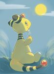  ampharos blush cloud commentary_request eating full_moon grass holding holding_stick moon night no_humans outdoors pokemon pokemon_(creature) sitting sky solo stick tansho 