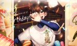  1boy :d absurdres ace_of_diamond baseball_jersey blush brown_eyes brown_hair confetti dated gotdok hand_up happy_birthday highres indoors long_sleeves open_mouth party_popper sawamura_eijun shirt smile solo sweat upper_body white_shirt 
