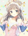  1girl aiyan atelier_(series) atelier_totori bangs blush_stickers brown_eyes brown_hair collarbone dress frills hands_up headdress highres long_hair looking_at_viewer open_mouth puffy_sleeves smile solo totooria_helmold upper_body 