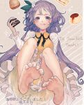  1girl bad_feet barefoot blush brown_dress cake closed_mouth commission dress feet flower food foot_focus hair_flower hair_ornament holding holding_food long_hair long_sleeves mochacot pudding purple_eyes purple_hair shirt skeb_commission smile soles solo toenails toes tongue tongue_out touhou tsukumo_benben white_flower white_shirt 