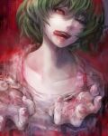  1girl bangs blood blood_from_mouth collarbone commentary_request eto_(tokyo_ghoul) green_hair grey_background grey_shirt hair_between_eyes hands_up highres long_sleeves looking_at_viewer one_eye_closed red_background red_eyes shirt short_hair solo teeth tokyo_ghoul tokyo_ghoul:re tongue tongue_out upper_body upper_teeth yamamoto_no_ari 