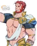  3boys abs arm_up armor bara bare_pectorals beard blush capelet chibi chibi_inset cosplay covered_navel crown facial_hair fate/grand_order fate/zero fate_(series) fujimaru_ritsuka_(male) greek_clothes iskandar_(fate) jeje_(pixiv12541114) large_pectorals leather long_hair looking_at_another looking_at_viewer lord_el-melloi_ii male_focus multiple_boys muscular muscular_male nipples pectorals red_eyes red_hair revealing_clothes sash scar scar_on_face short_sleeves shoulder_sash simple_background smile solo_focus sparkle unfinished upper_body waver_velvet zeus_(fate) zeus_(fate)_(cosplay) 