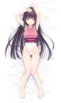  1girl absurdres armpits arms_up ass_visible_through_thighs bangs barefoot black_hair blunt_bangs blush breasts brown_eyes cameltoe commentary_request commission covered_navel dakimakura_(medium) feet full_body groin highleg highleg_leotard highres hime_cut houraisan_kaguya legs leotard long_hair lying on_back pink_shirt pixiv_request shirt sleeveless sleeveless_shirt solo thigh_gap thighs toes touhou touhou_tag_dream usagimiko very_long_hair white_leotard 