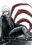  1boy arm_support bangs from_side grey_background grey_hair grey_scarf kagune_(tokyo_ghoul) kaneki_ken long_sleeves looking_at_viewer male_focus red_eyes scarf shiny shiny_hair short_hair simple_background sitting solo straw_like tentacles tokyo_ghoul translation_request white_hair 