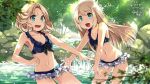  2girls bare_arms bare_legs bare_shoulders bikini black_bikini blonde_hair blue_eyes blush collarbone commission cowboy_shot eyebrows_visible_through_hair hair_between_eyes janus_(kancolle) jervis_(kancolle) kaisanbutsu kantai_collection long_hair multiple_girls navel open_mouth river short_hair signature skeb_commission smile swimsuit tree water 