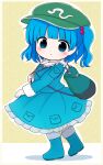  1girl backpack bag blue_eyes blue_footwear blue_hair blue_shirt blue_skirt blush_stickers boots closed_mouth flat_cap full_body green_headwear hair_bobbles hair_ornament hat highres kawashiro_nitori key long_sleeves medium_hair rei_(tonbo0430) shirt skirt solo touhou two_side_up 