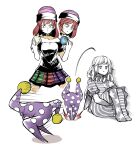 2girls american_flag_dress black_choker black_shirt choker clothes_writing clownpiece depressed earth_(ornament) empty_eyes fairy_wings fleeing greyscale hat hecatia_lapislazuli highres jester_cap long_hair medium_hair monochrome moon_(ornament) motion_lines multicolored_clothes multicolored_skirt multiple_girls neck_ruff pantyhose peroponesosu. polka_dot polos_crown red_hair shirt simple_background sitting skirt sweatdrop touhou v-shaped_eyebrows white_background wings 
