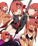  1girl :d bat_hair_ornament bikini black_bikini black_choker breasts cardigan choker commentary_request eyebrows_visible_through_hair gabriel_dropout gabu_(az210309) glasses hair_ornament highres large_breasts long_hair looking_at_viewer lying multiple_views on_stomach one-piece_tan open_mouth purple_eyes red_hair red_skirt satanichia_kurumizawa_mcdowell short_hair simple_background skirt smile swimsuit tan tanlines white_background 