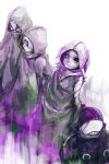  1girl 3boys bandaged_arm bandaged_head bandages bangs bin_brothers_(tokyo_ghoul) brown_hair cloak eto_(tokyo_ghoul) grey_background half_mask hood hooded_cloak looking_at_viewer mask multiple_boys noro_(tokyo_ghoul) ponytail purple_eyes purple_theme sketch straw_like teeth_print tokyo_ghoul torn_cloak torn_clothes 