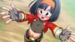  1girl :d bangs belt black_eyes black_hair dragon_ball dragon_ball_heroes fingerless_gloves from_above gloves hairband looking_at_viewer looking_up navel open_mouth orange_hairband outstretched_arms pan_(dragon_ball) pan_(xeno)_(dragon_ball) rom_(20) short_hair smile solo 